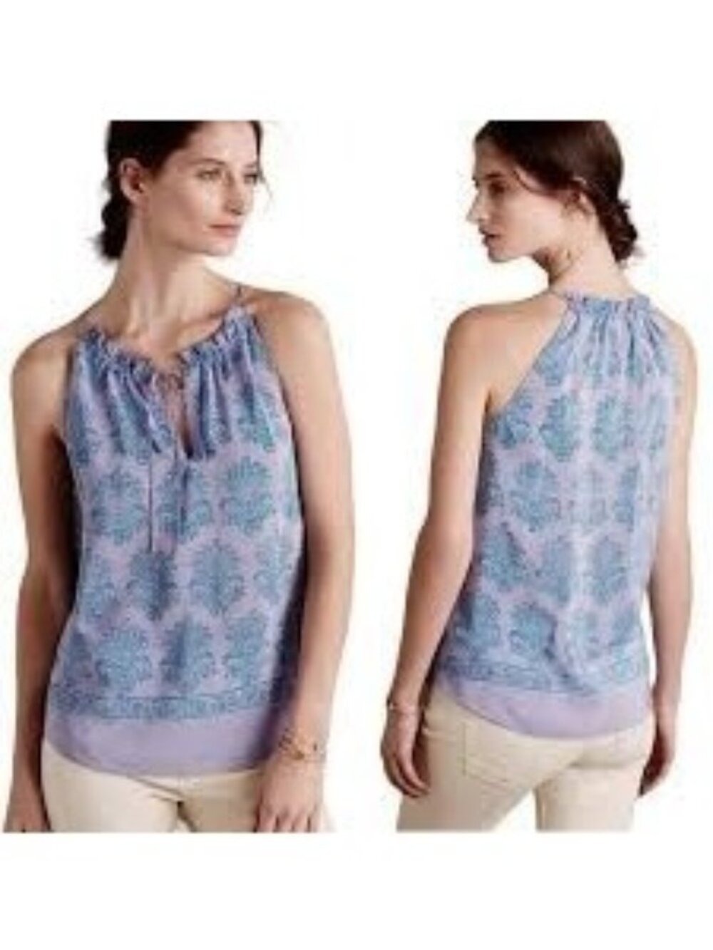 Anthropologie HD in Paris Blue and Pink Sleeveless Tie Front Tank Top 4